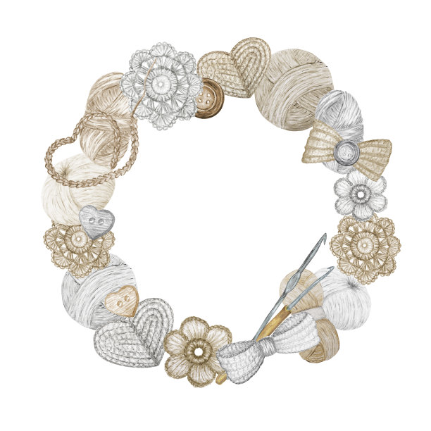 蓝灰色米色钩针商店标志圆形框架，品牌，阿凡达组成的钩子，纱线，钩针心，弓，花。斯堪的纳维亚风格的水彩手工钩针插图图片下载