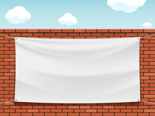 红砖墙上的白色空白横幅。图片下载