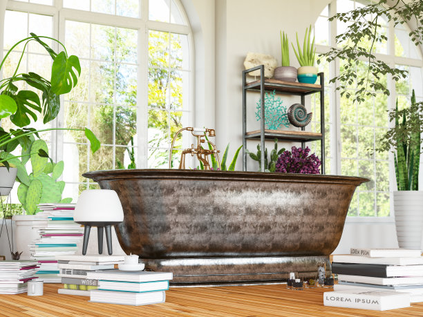 阁楼浴室植物书籍和旧浴缸图片下载