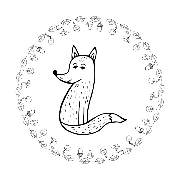 可爱的秋天曼荼罗与树叶，蘑菇和狐狸在白色的背景。手绘矢量插图的着色页和艺术书籍为成人和孩子。图片下载