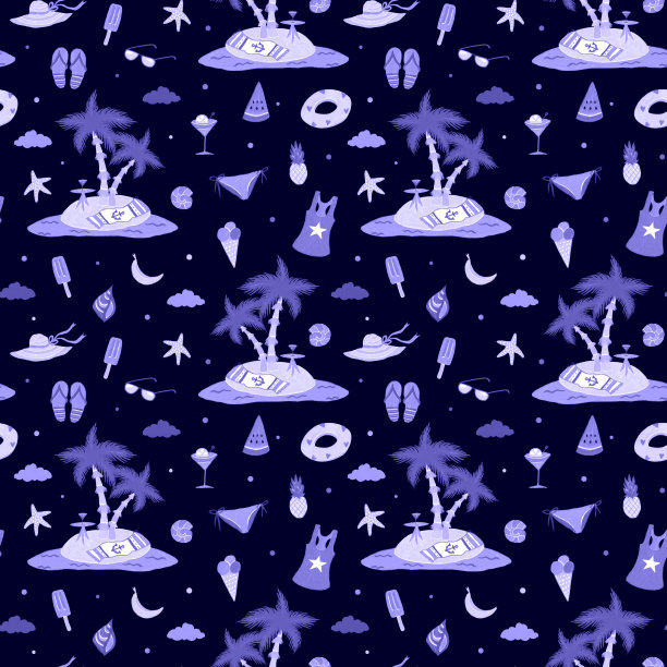 夏季模式手绘插图。棕榈，岛屿，冰淇淋，西瓜，菠萝。图片下载