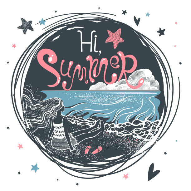 你好,夏天。年轻的女孩坐在海边图片下载