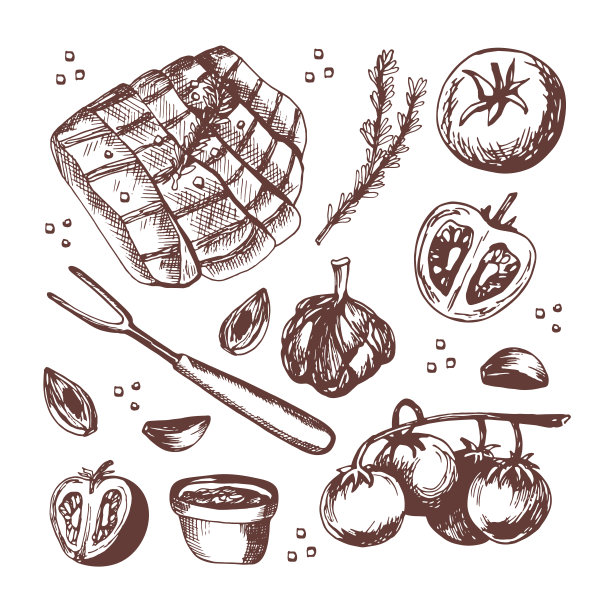 手绘矢量集肉和蔬菜烧烤，烧烤派对。矢量插图烹饪书，餐厅菜单，咖啡馆，食物设计，商店橱窗。大蒜，西红柿，迷迭香，牛排。图片下载