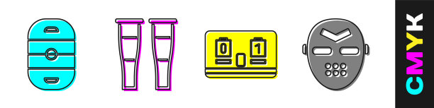 设置冰球场，拐杖或拐杖，曲棍球机械记分牌和曲棍球面具图标。向量图片下载