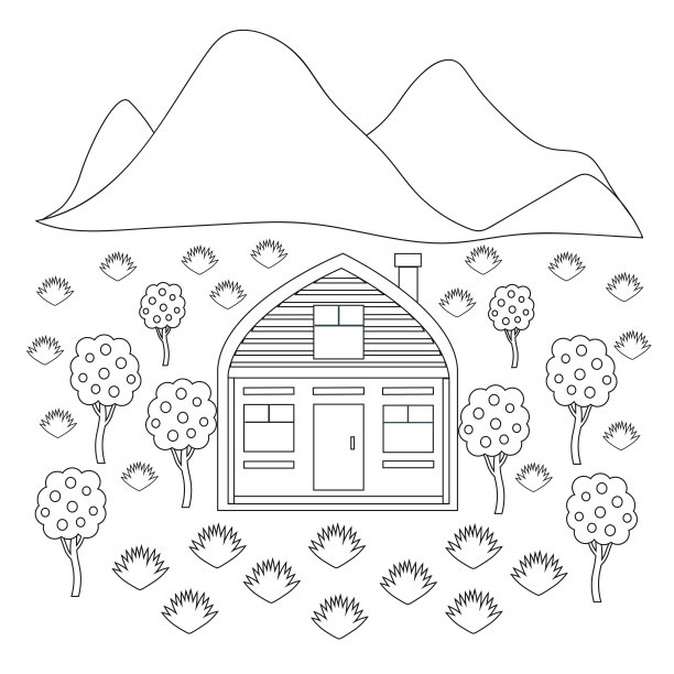 矢量插图的房子在一个花园在黑色和白色。背景着色。山,草地,风景。图片下载