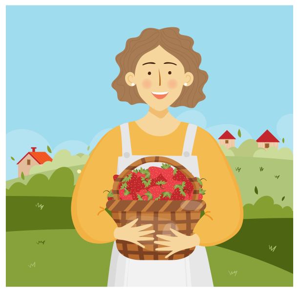 一个年轻的成年妇女，提着一篮子草莓。矢量插图，绿色乡村背景与房屋图片下载