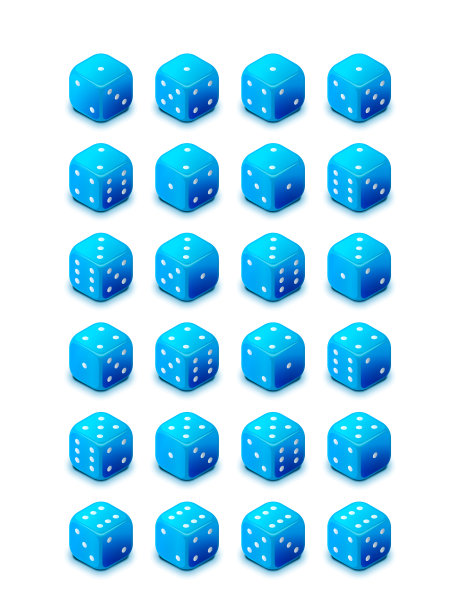 一套明亮的蓝色光滑的游戏方块在白色的背景，所有可能的3d骰子转赌场在等距视图图片下载