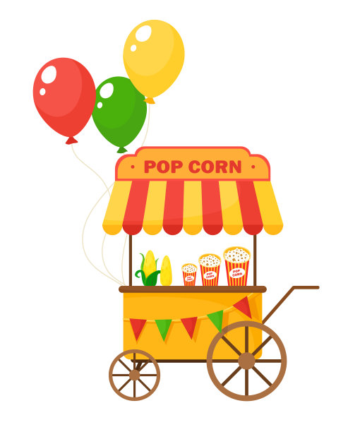 用购物车装着爆米花和玉米。用旗帜和气球装饰的节日装饰。矢量插图在卡通平面风格。图片下载