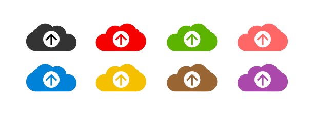 彩色云文件上传图标设置向上的箭头符号。用户界面设计元素。图片下载
