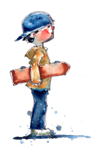 水彩素描可爱的男孩，手绘在纸上插图扫描图片下载