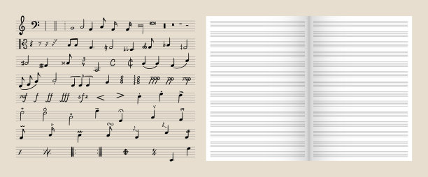 向量集的音乐设计元素，孤立打开的书与一条线和收集手绘笔记。图片下载