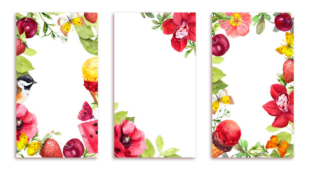 社交网络故事的时尚模板，水彩插图。夏季设计背景的社交媒体水果，鲜花，蝴蝶图片下载