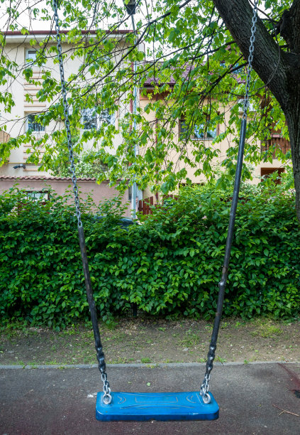 罗马尼亚布加勒斯特的一个儿童游乐场。孩子们在有树的公园里荡秋千。图片下载