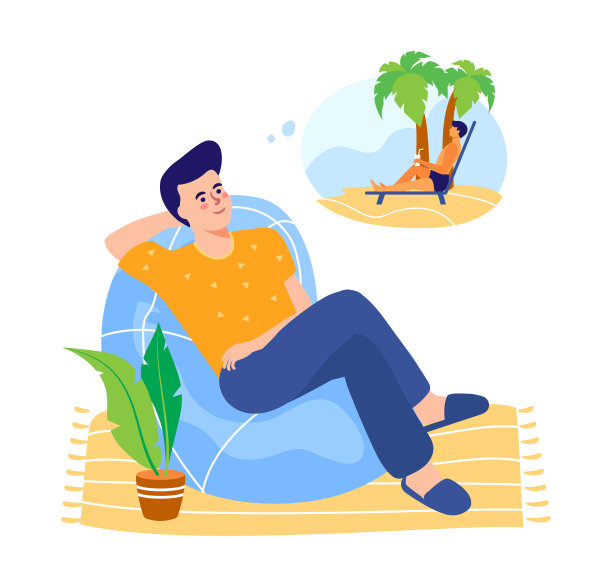 微笑的男人梦想着假期。一个在家的男人梦想着去热带岛屿度假。向量图片下载