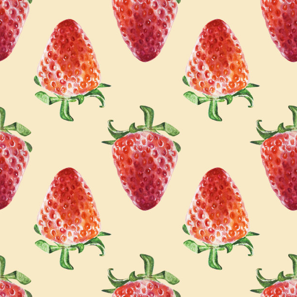 水彩无缝模式的红色多汁草莓在奶油bej背景。手绘食物插图。水果材质打印。图片下载
