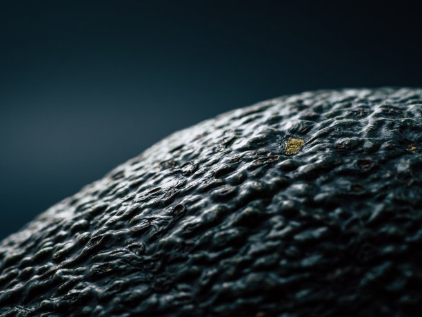 微距特写照片，鳄梨的皮肤呈现出凹凸不平的粗糙表面，看起来像来自真实世界的si-fi电影。图片下载