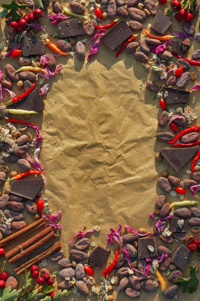 将可可豆、巧克力、肉桂、辣椒、山楂、枸杞、牡丹和苹果花瓣铺成一层图片下载