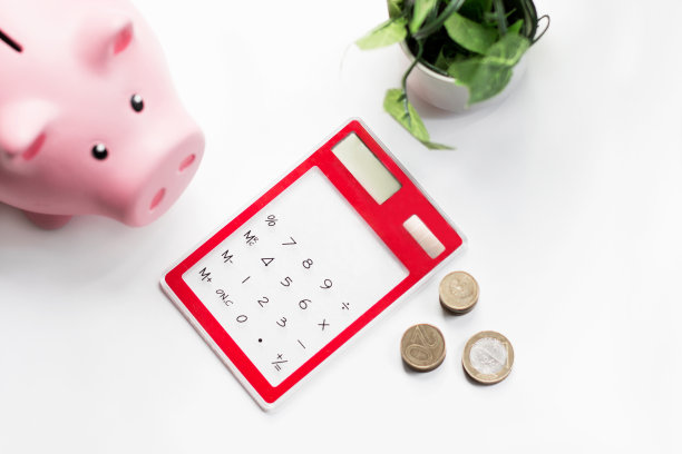 粉色小猪或硬币银行或储蓄罐，硬币和计算器-金融和储蓄概念上的白色背景图片下载