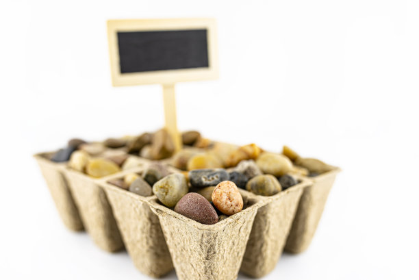 一种是木质空白板，标签用棍子，卡在纸板挤出机里，填满装饰鹅卵石，概念照片，文字空间，孤立在白色背景上。图片下载