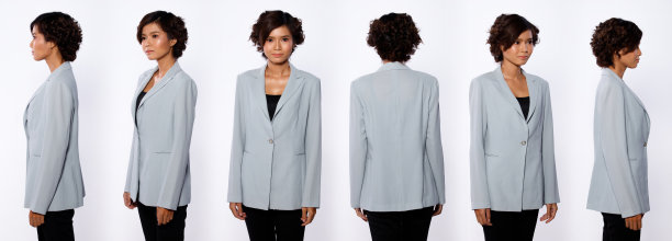 20岁亚洲女性黑色短卷发灰色西装夹克长裤轮廓图片下载