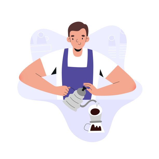 咖啡师年轻男子正在煮咖啡，在咖啡店里冲泡倒咖啡，平面矢量插图，卡通人物服务员穿着围裙，准备热咖啡浓缩咖啡饮料图片下载