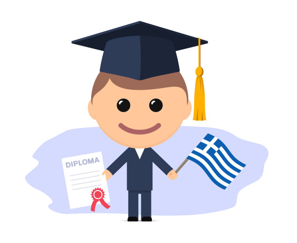 卡通毕业生戴着毕业帽，手持毕业证书和希腊国旗图片下载