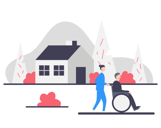 坐轮椅的老人和护士在房子附近的公园里。辅助生活概念矢量插图。女护士为需要协助的老年人提供日常生活方面的支持图片下载