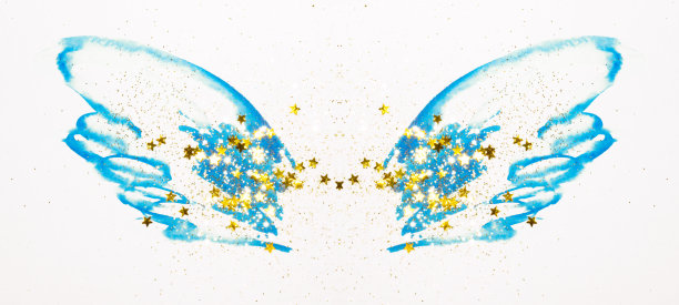 在复古怀旧色彩的抽象蓝色水彩翅膀上闪烁着星星。图片下载