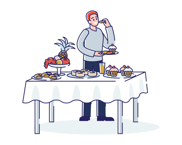 自助餐饮。一个男人站在餐桌前吃着甜点和美味的食物图片下载