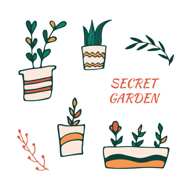 矢量集家庭园艺手绘植物在花盆。简约平房风格为秘密花园图片下载