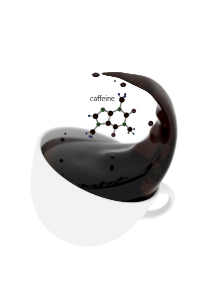 一杯咖啡和咖啡因分子。三维图像图片下载