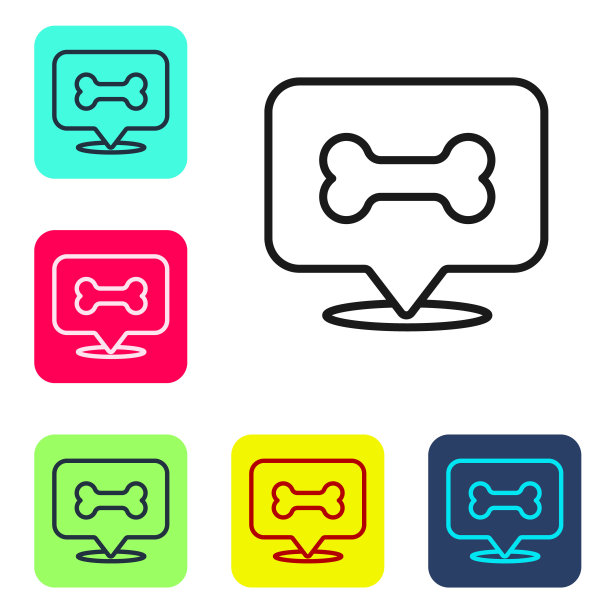 黑线狗骨图标孤立在白色背景。宠物食品符号。设置图标为彩色方框按钮。向量图片下载