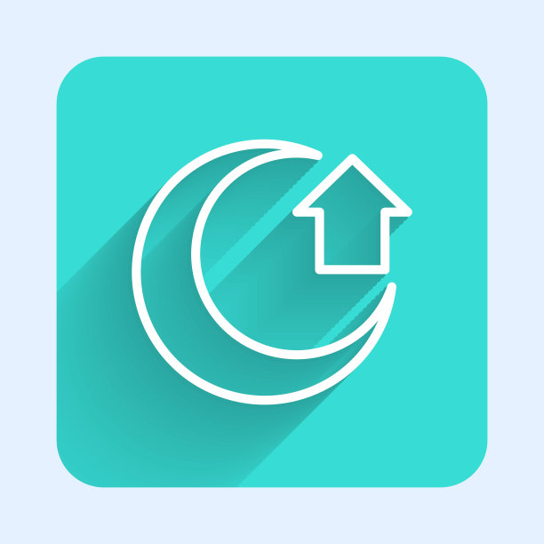 白色线月亮图标孤立与长影子。绿色广场按钮。向量图片下载