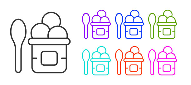 黑线冰淇淋在碗和勺子图标孤立在白色背景。甜蜜的象征。设置图标丰富多彩。向量图片下载