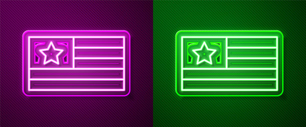 发光的霓虹线美国国旗图标孤立在紫色和绿色的背景。美国的国旗。美利坚合众国。向量图片下载