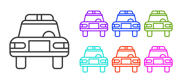 黑线警车和警察闪光图标隔离在白色背景。紧急闪光警报。设置图标丰富多彩。向量图片下载