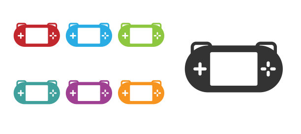 黑色便携式游戏机图标孤立在白色背景上。手柄的迹象。游戏的概念。设置彩色图标。向量图片下载