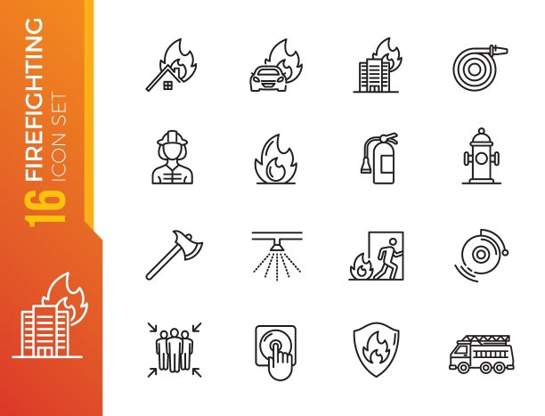 消防员线性图标集。消防员、疏散计划、消防栓等图片下载