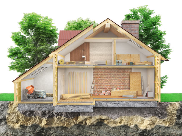 在建筑过程中，在一个花园在一个白色的背景在正面视图。三维演示图片下载