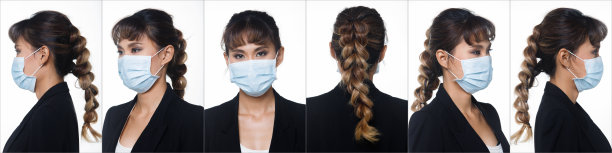 亚裔女性白种人背景隔离，戴上外科口罩保护冠状病毒图片下载
