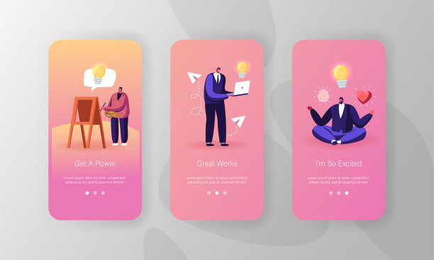 灵感手机应用页面板载屏幕模板。男性和女性角色搜索创意，冥想，在画架上画画和在笔记本上工作。的概念。卡通人物矢量插图图片下载