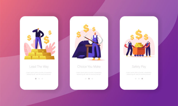 矿工在工作，提取行业专业，工作职业移动应用程序页面板载屏幕模板。在电车概念中带有金条的矿工角色。卡通人物矢量插图图片下载