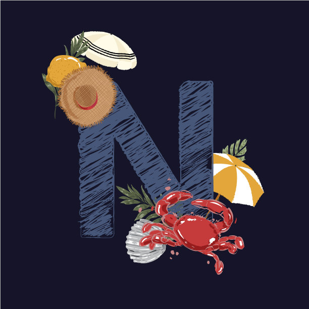 时尚和草图字母大“N”字体与海滩元素和海洋动物，螃蟹，贝壳，伞，和配件矢量EPS10，设计时尚，织物，t恤，邀请，装饰，和所有图形类型图片下载