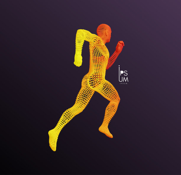 长跑运动员或马拉松运动员。三维人体模型。为运动设计。由粒子组成的矢量插图。图片下载