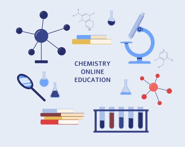 化学在线教育旗帜与设备平面矢量插图。图片下载