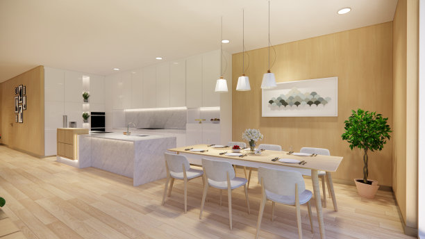 3 d渲染。室内设有厨房的现代开放式生活空间。Loft风格复式公寓住宅。家居装饰豪华室内设计。图片下载