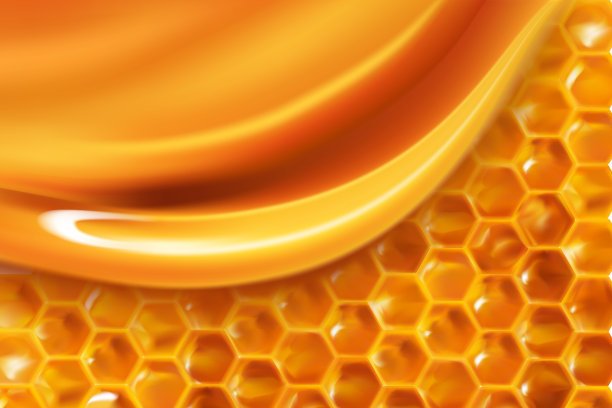 现实的蜂窝背景。蜂蜜色泽鲜亮质地滴落，黄澄澄的糖浆一滴滴流淌。液体焦糖。3D六边形横幅，广告或壁纸。向量图片下载