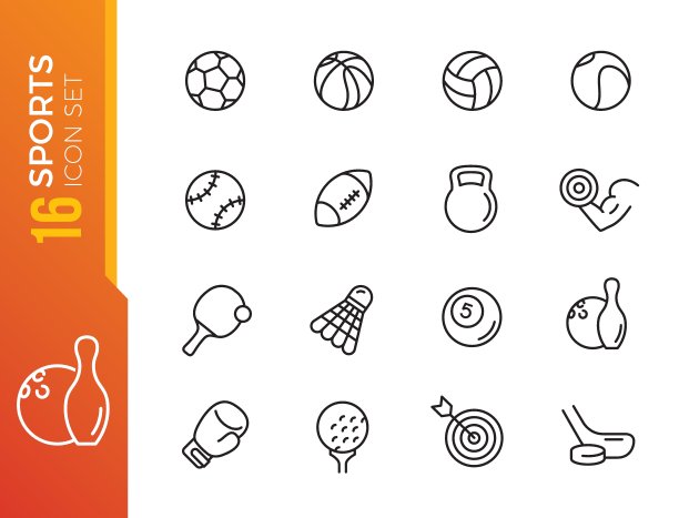 运动球最小平线矢量图标集。足球，足球，网球，高尔夫球，保龄球，篮球，曲棍球，排球，橄榄球，台球，棒球，乒乓球图片下载