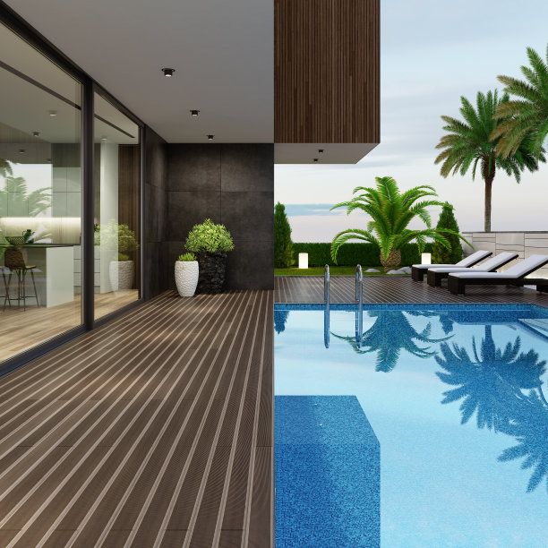 海边别墅泳池夏季日落景色图片下载