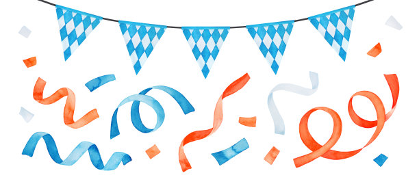 水彩画的节日花环与巴伐利亚旗和彩色纸花集。蓝色，橙色，白色。手绘水彩画，剪出剪辑艺术元素的设计，邀请，海报。图片下载